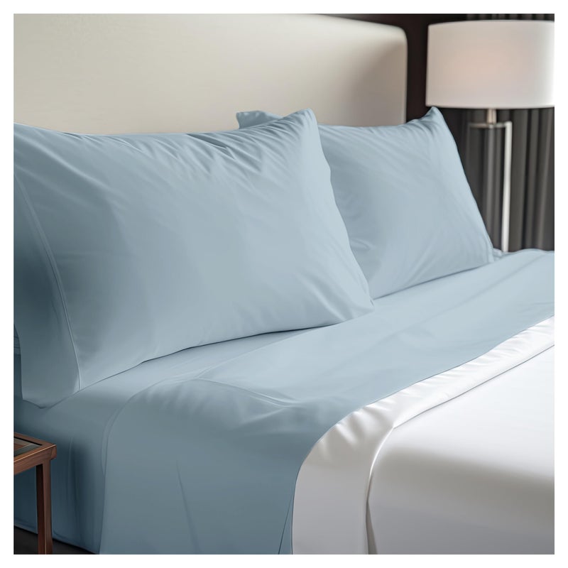 DwellStudio Dwell Studios Luxe Comfort: 400TC Cotton Sateen Weave Queen Sheet 4 Pc Set - Extra Deep Pocket - Fits 18" Mattresses - Blue, Queen - Image 1